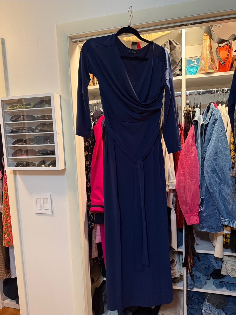 SHEIN Navy Long-Sleeve Wrap Maxi Dress with Self-Tie